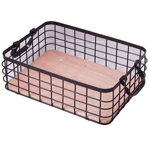 Home Nature Canasta de Metal Grande  Negro con Base de Madera 37*26*12.3 Cm