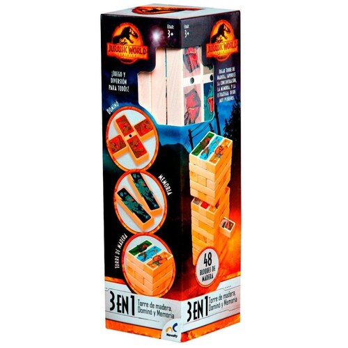 Torre de Madera 3 en 1 Dominó Y Memoria Jurassic World Dominion