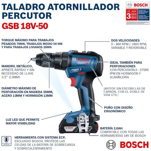 Rotomartillo Bosch 18V Gsb 18V-50 1/2" (2 Bat)