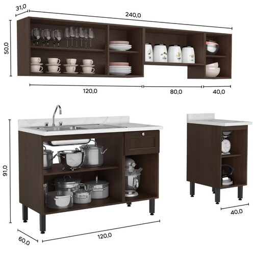 Cocina Madera Bertolini Libertad 240 Cm Chocolate