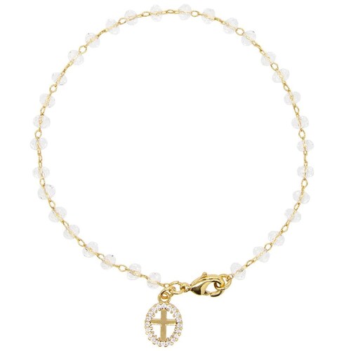 Pulsera en Dorado con Beads de Cristal Y Charm de Cruz con Circonias Joyería Religiosa