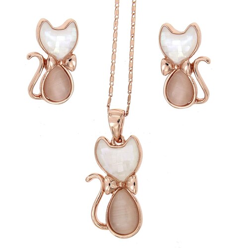 Juego de Arete + Dije + Cad Gatito Rosa Camilla