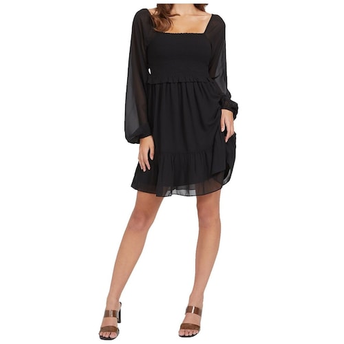 Vestido Manga Larga, Liso, Negro Guess