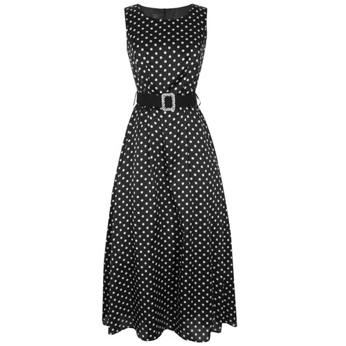 Vestido Basel Cuello Redondo Diseño Estampado de Lunares con Cinturón