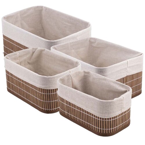 Home Nature Juego de 4 Canastas de Bambú Arelly con Revestimiento en Color Beige 36X26X18Cm, 32X22X16Cm,28X18X14Cm, 24X14X12Cm