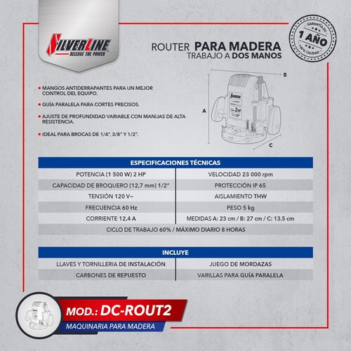 Router 2Hp Silverline+ Juego de 8 Brocas