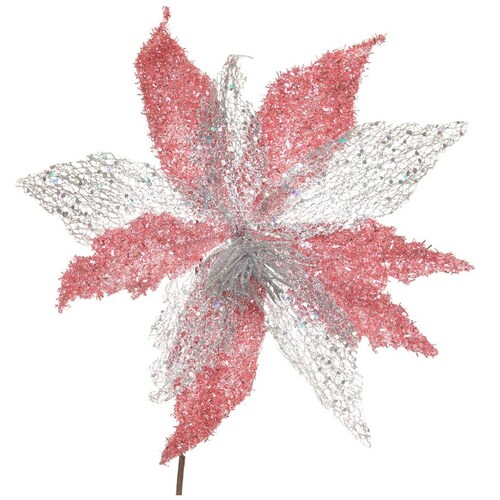 Flor de Nochebuena Diamantina Rosa Y Plata 34Cm