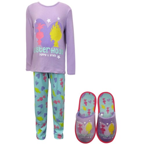 Pijama Trolls Playera Manga Larga Pantalón Y Pantufla con Estampado para Niña
