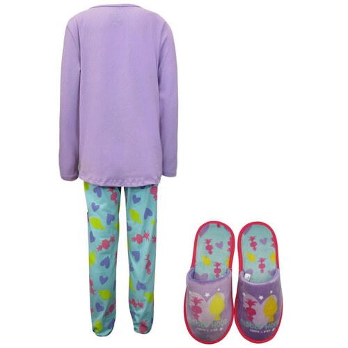 Pijama Trolls Playera Manga Larga Pantalón Y Pantufla con Estampado para Niña
