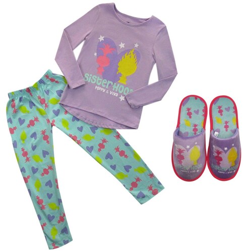 Pijama Trolls Playera Manga Larga Pantalón Y Pantufla con Estampado para Niña