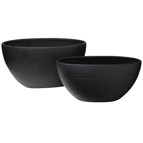Home Nature Juego de 2 Macetas Ovaladas de Cerámica con Patrón de Rayas en Relieve Color Negro 16.5*17.7*33 Cm , 13.3*14*29.8 Cm