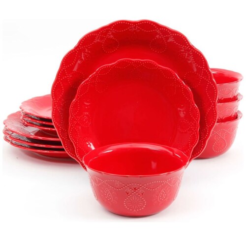 Vajilla 12 Piezas Roja Redonda Cerámica