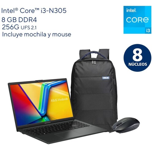 Laptop Asus Vivobook Go E1504Ga-Nj179W Ci3 N305 8G 256G+ Mochila y Mouse