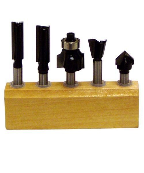 Juego de 5 Brocas para Router sobre Bloque de Madera