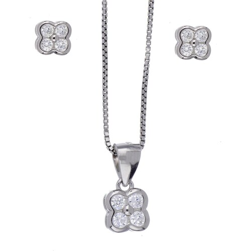 Set Aretes+Dije Cadena Flor Circonita Blanco Plata .925 Farfalla Bonetti
