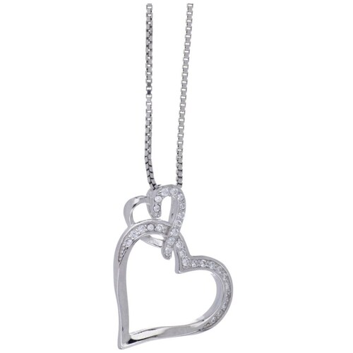 Dije Cadena Doble Corazón Circonita Blanca Plata .925 Farfalla Bonetti