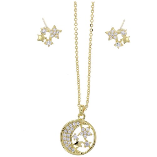 Juego Aretes+Dije Cadena Estrella y Luna Chapado Oro Korei