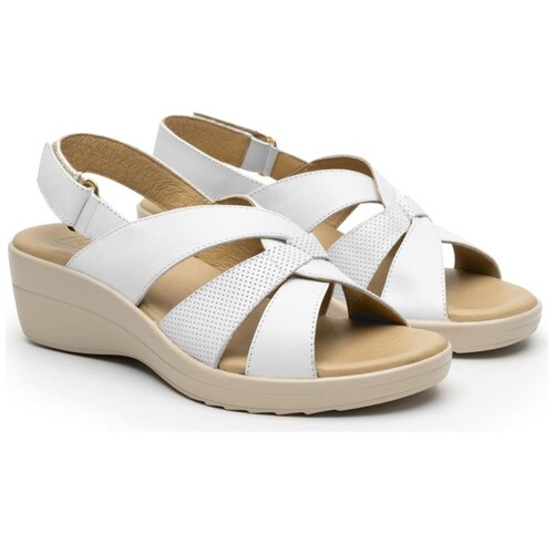 Sandalia con Tacón Cuña y Ajuste Velcro Blanca Flexi para Mujer