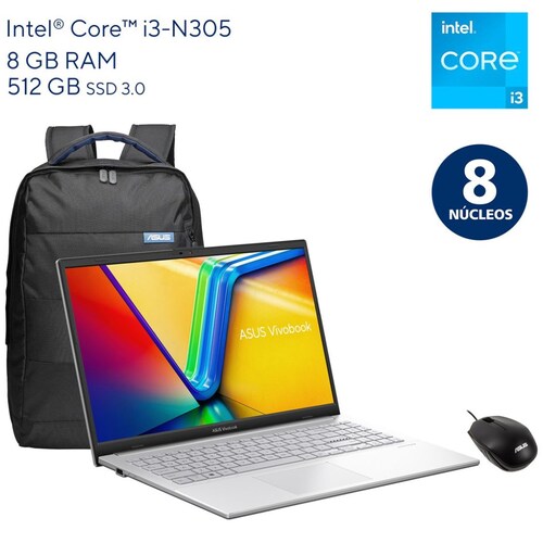 Laptop Asus Vivobook E1504Ga-Nj163W Ci3-N305 8 Ram 512Ssd+Mochila y Mouse
