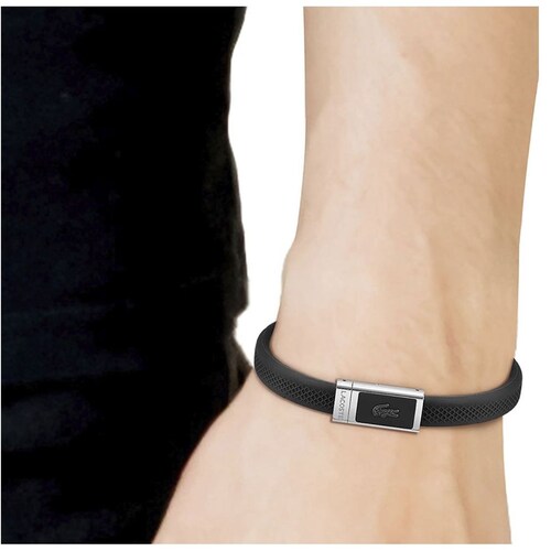 Brazalete  Lacoste de Acero Inoxidable y Silicona Plateado/negro  para Hombre