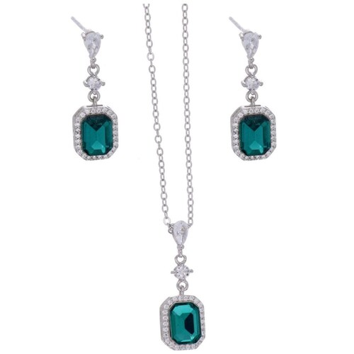 Set Aretes+Dije Cadena Circonita Verde Plata .925 Farfalla Bonetti