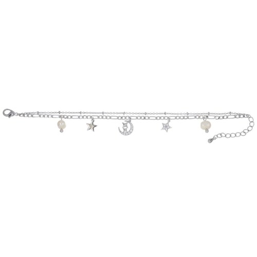 Pulsera Doble Cadena Dijes Luna y Estrellas Acabado Rodio Korei