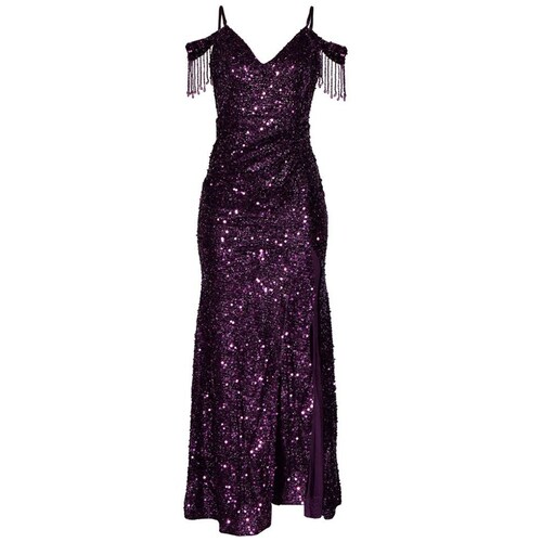 Vestido Largo de Fiesta con Lentejuela y Flecos en Hombro para Mujer