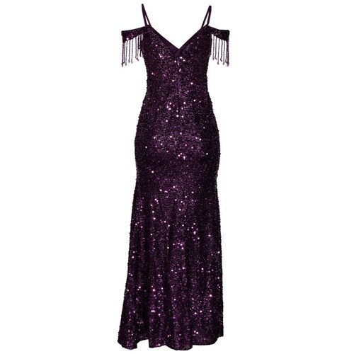 Vestido Largo de Fiesta con Lentejuela y Flecos en Hombro para Mujer