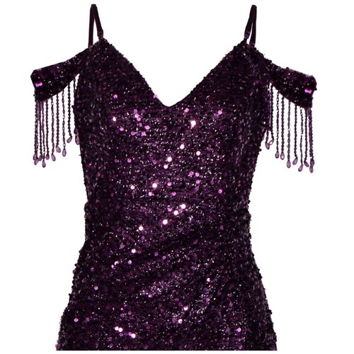 Vestido Largo de Fiesta con Lentejuela y Flecos en Hombro para Mujer