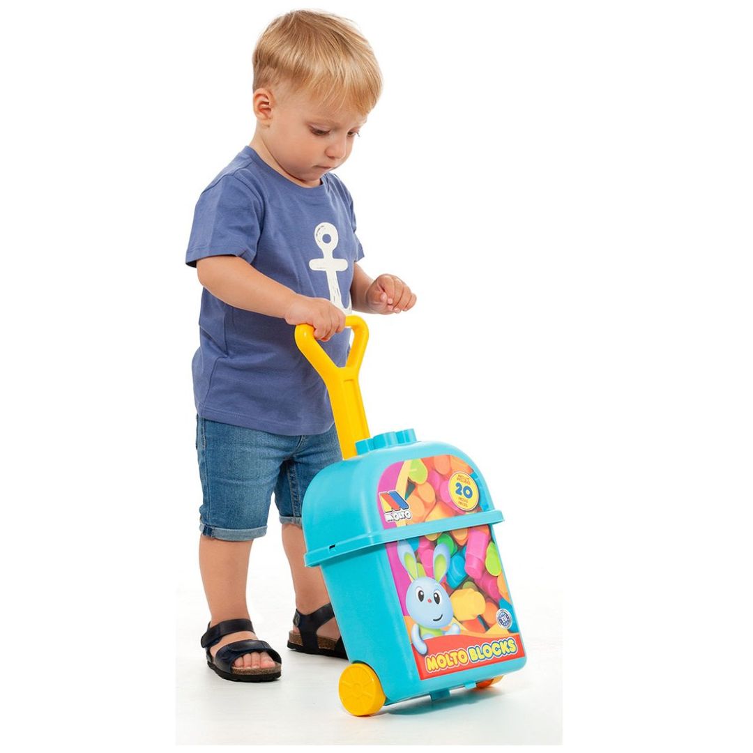 MOLTO Carrito Maleta Trolley Rosa Con 20 Bloques De Construcción Grandes, Juguete Educativo Para Preescolar, Estimula Creatividad