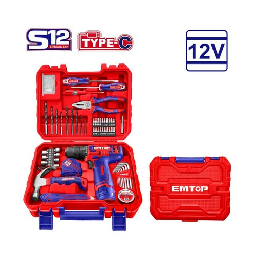 Juego de Herramientas Emtop con 96 Piezas y 1 Taladro 12V