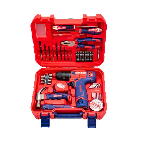 Juego de Herramientas Emtop con 96 Piezas y 1 Taladro 12V