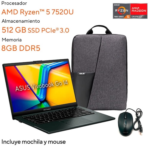 Laptop Asus Vivobook E1404Fa-Nk341W R5 7520U 8G 512G Negra + Mochila y Mouse