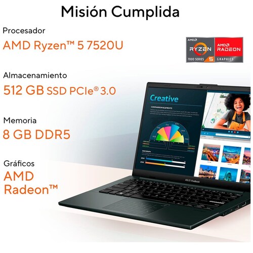 Laptop Asus Vivobook E1404Fa-Nk341W R5 7520U 8G 512G Negra + Mochila y Mouse