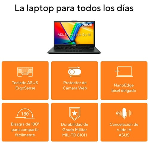 Laptop Asus Vivobook E1404Fa-Nk341W R5 7520U 8G 512G Negra + Mochila y Mouse