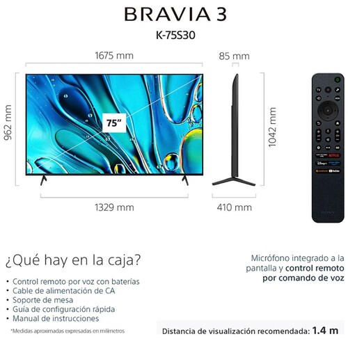Pantalla Sony Bravia 3 Led 75 Pulgadas 4K Hdr Google Tv K-75S30