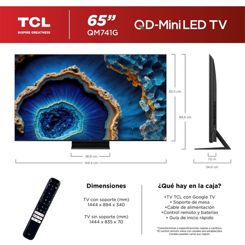 Pantalla Qd-Miniled Tcl 65 Pulgadas 4K Google Tv 65Qm741G