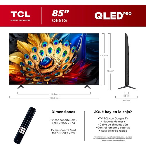 Pantalla Qled Tcl 85 Pulgadas 4K Google Tv 85Q651G