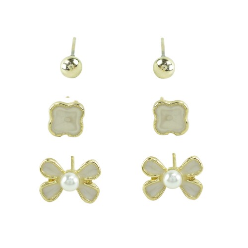 Set de 3 Aretes de Moño, Flor Y Perla Dorada Lulu