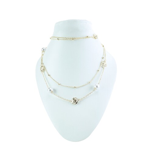 Collar Largo Doble Cadena con Perlas Y Dijes de Flor  Lulu