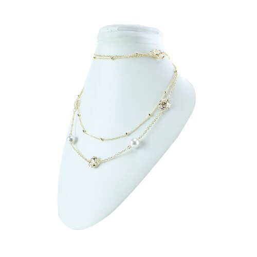 Collar Largo Doble Cadena con Perlas Y Dijes de Flor  Lulu