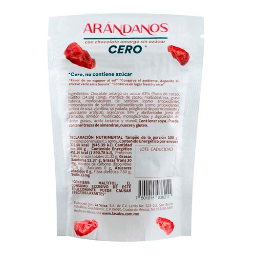 Bolsa de Arándanos con Chocolate Amargo Sin Azúcar 50 G  la Suiza