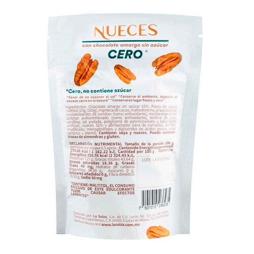 Bolsa de Nueces con Chocolate Amargo Sin Azúcar 50 G  la Suiza