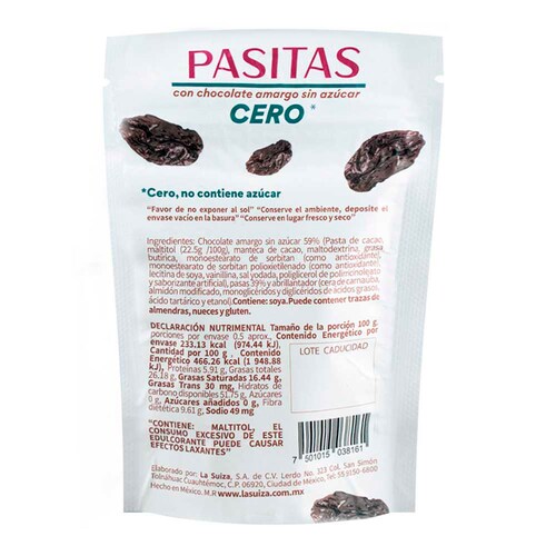 Bolsa de Pasitas con Chocolate Amargo Sin Azúcar 50 G  la Suiza