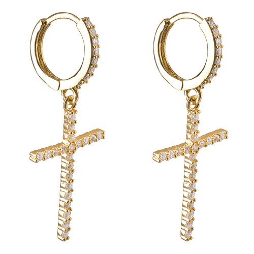 Arete Chapa de Oro Tipo Huggie con Dije de Cruz  para Mujer Unlimited