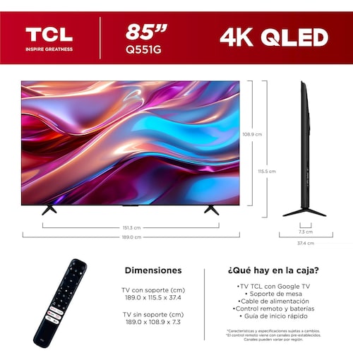Pantalla Tcl 85 Pulgadas 4K Qled Google Tv 85Q551G