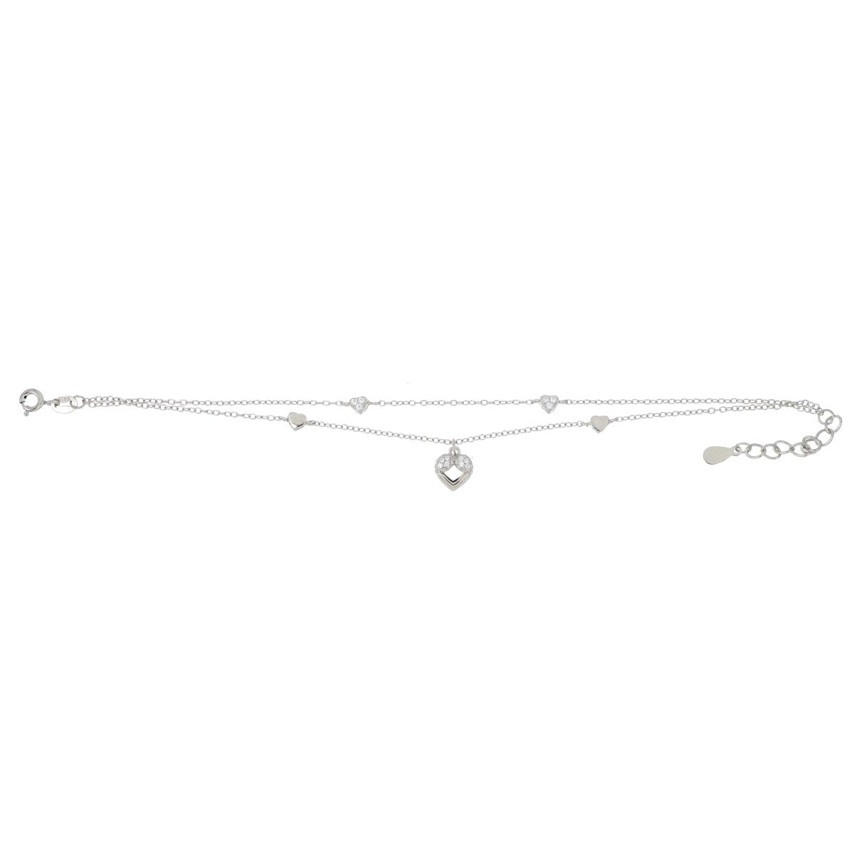 Pulsera Plata .925 Doble Cadena Corazones Circonita Farfalla Bonetti