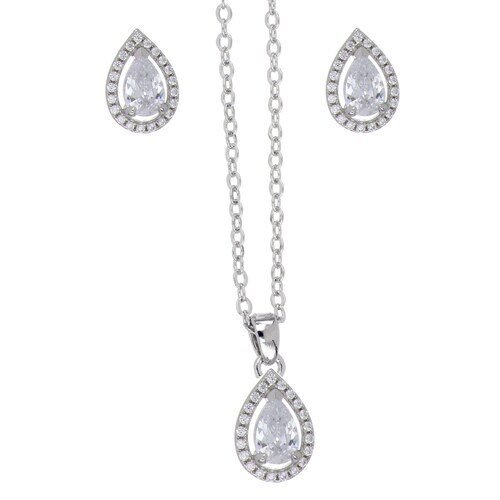 Set Aretes+Dije Cadena  con Circonita Blanca Acabado en Rodio Farfalla Bonetti
