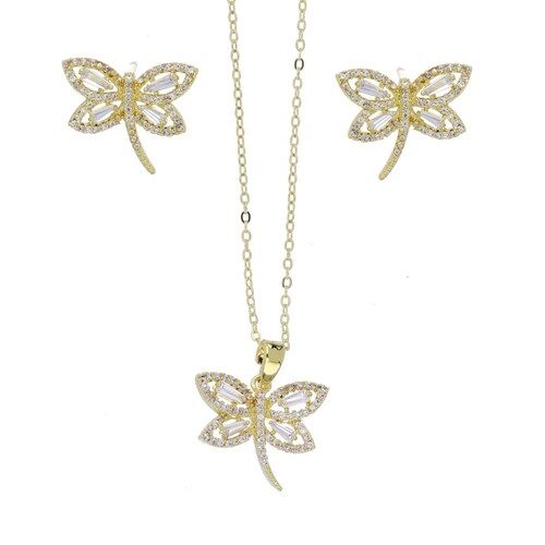 Set Aretes+Dije Cadena Mariposa con Circonita Blanca Acabado en Chapado Oro Farfalla Bonetti