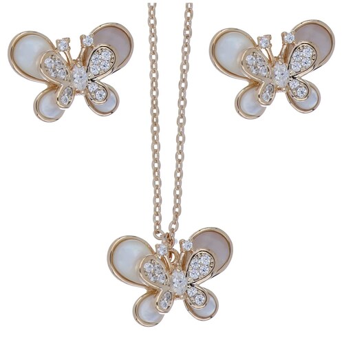 Set Aretes+Dije Cadena Mariposa Acabado en Chapado Oro Rosa Farfalla Bonetti